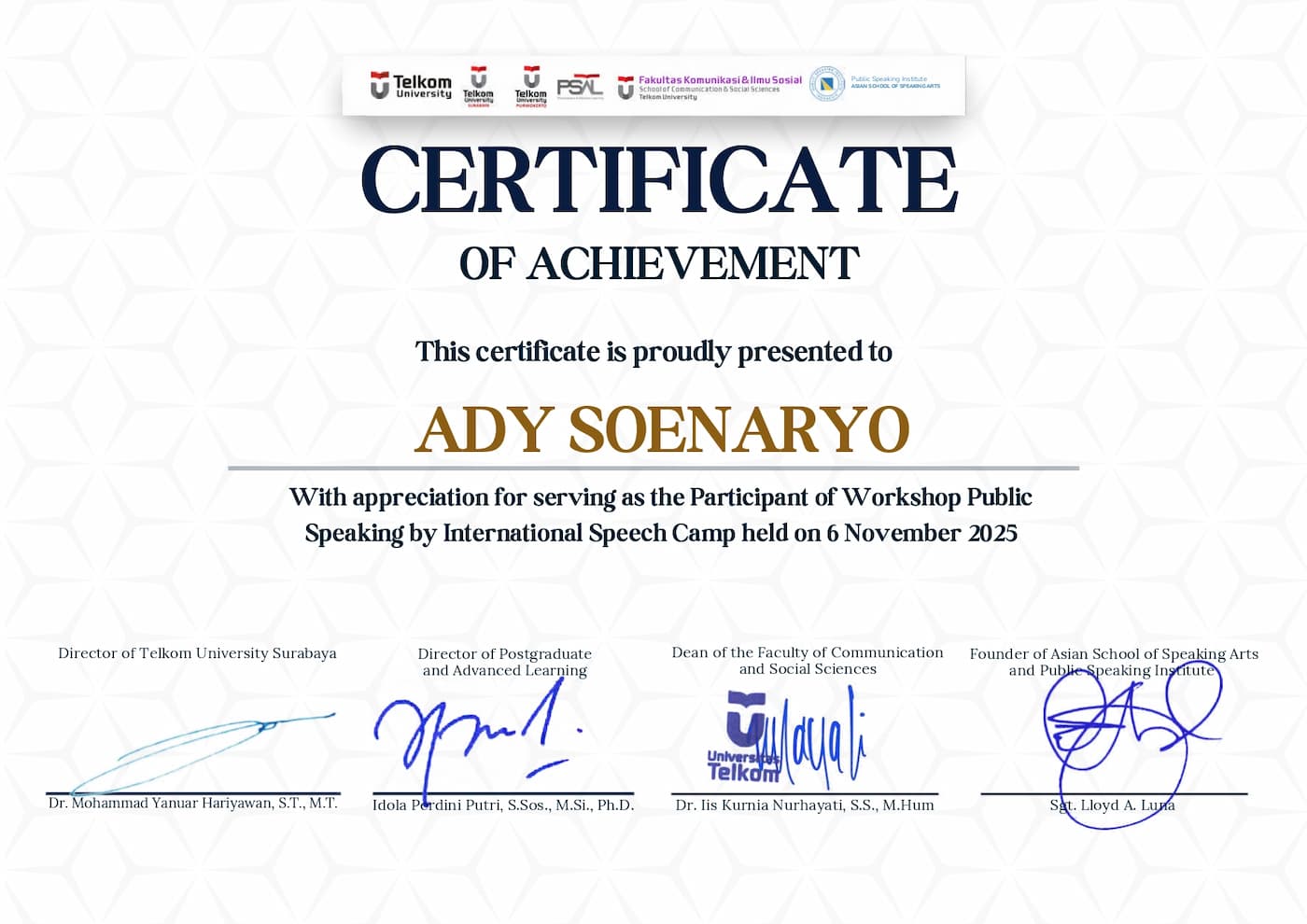 Certificate workshop public speaking - International Speech Competition